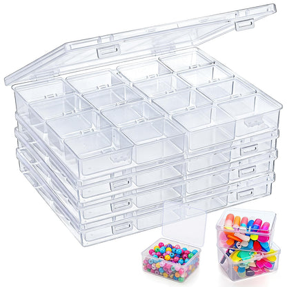 Prygew 4 Pack Bead Storage Container, 64 Grids Small Clear Plastic Nail Organizer Boxes with Hinged Lid, Mini Craft Diamond Organizer Cases for DIY, Fishing Tackles, Screws and Small Parts