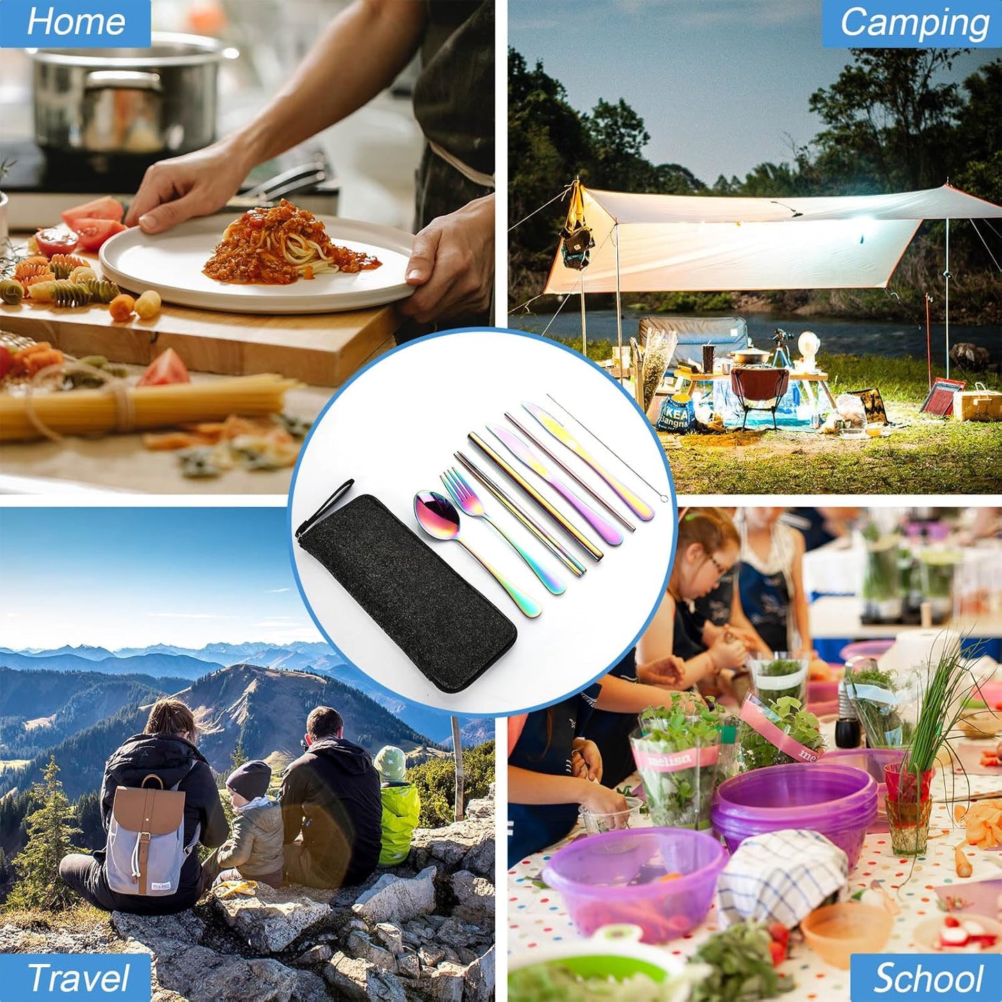 VANDBAO Portable Camping Utensils Set - Reusable Stainless Steel Cutlery with Case, Extra Steak Knife & Boba Straw