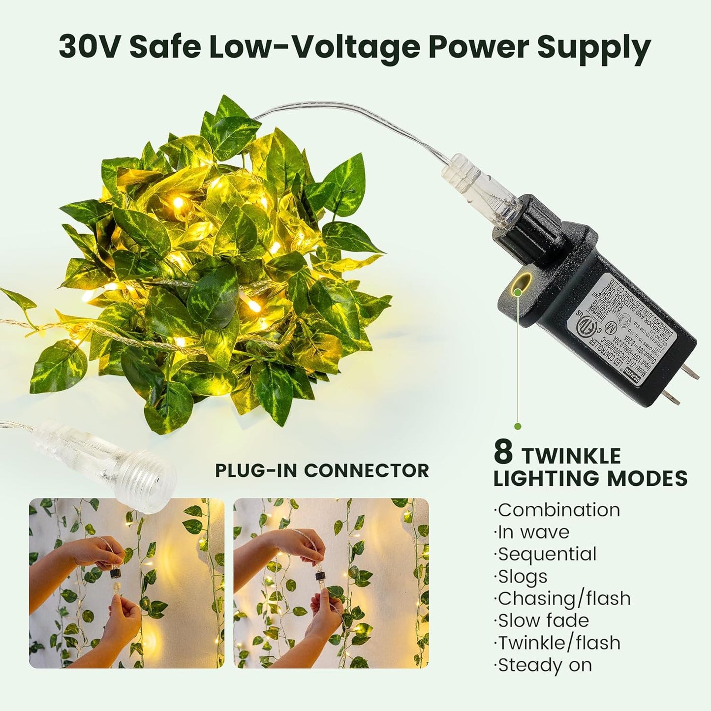 23 73 HEYFUNi Vines with Lights, Ft Led Faux Pothos String Lights Plug in, Leaf Lights for Bedroom, Wall, Balcony