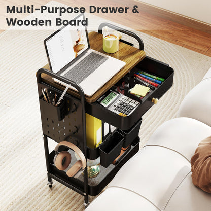 danpinera 3-Tier Rolling Cart, Metal Rolling Storage Cart with Wooden Table Top & DIY Pegboards, Storage Cart with Wheels, Hooks & Hanging Cups, Storage Organizer Cart Craft Art Cart, Black