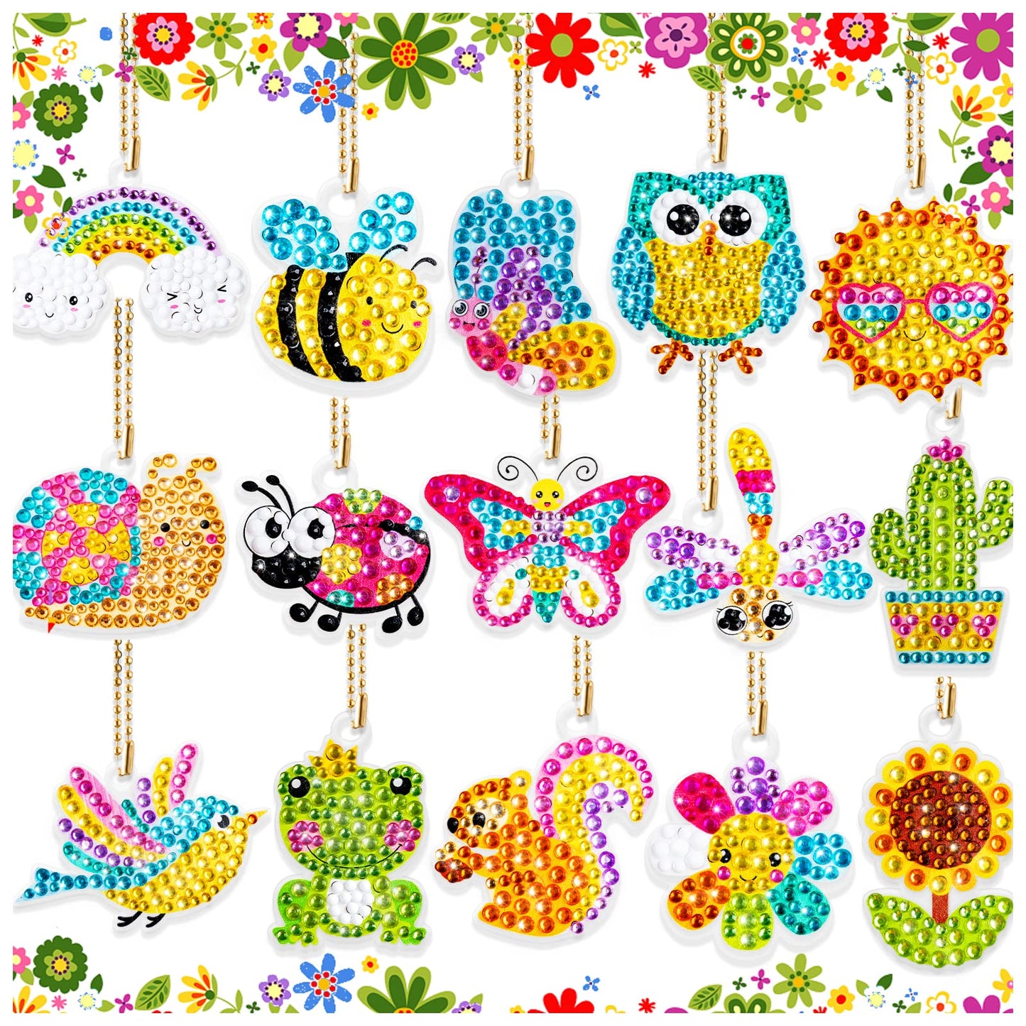 FFNIU Diamond Art for Kids, 15 Pack Diamond Art Painting Keychains, DIY Gem 5D Painting Arts and Crafts for Boys Girls Ages 6-8-12 (Garden Animals)