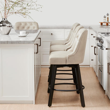 KISLOT Swivel Counter Height Bar Stools Set of 4, 26" Upholstered Faux Leather Barstools with Back,Thick Seat and Square Solid Wood Legs for Kitchen Island Home Bar, Beige