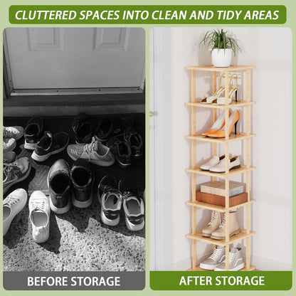 7 Closet Vertical Tall Shoe Rack For Entryway - Tall Tier Free Standing Slim Narrow Bamboo Wood Shoe Boots Storage
