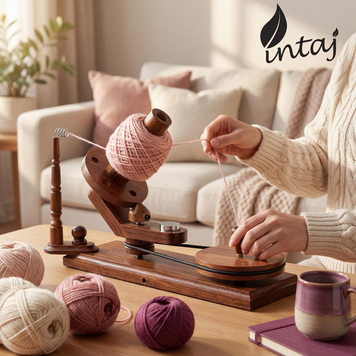 INTAJ Rosewood Yarn Winder - Large Capacity 16 oz Wooden Winder for Knitting & Crocheting - Handcrafted Heavy Duty Natural Rosewood Ball Winder - Table Top Wood Yarn Swift and Ball Winder