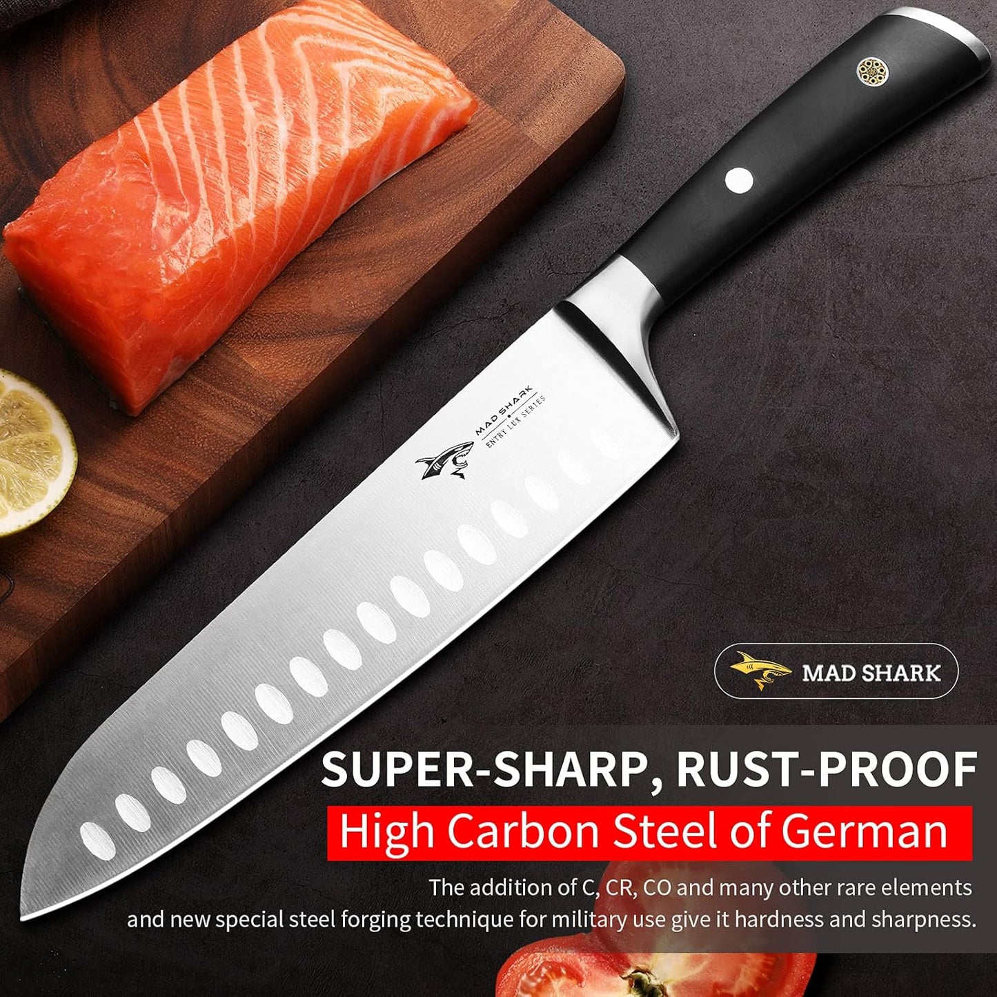 MAD SHARK 8-inch Kitchen Knife, Chef's Santoku Knife, German High Carbon Stainless Steel, Super Sharp with Gift Box