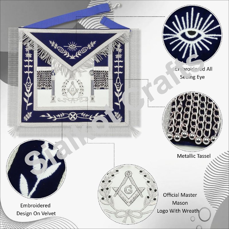 Masonic Master Mason Lambskin Apron - Navy Blue Velvet Borders with Gold Bullion Thread Fringe - Embroidered J & B Pillars and Square & Compass Logo
