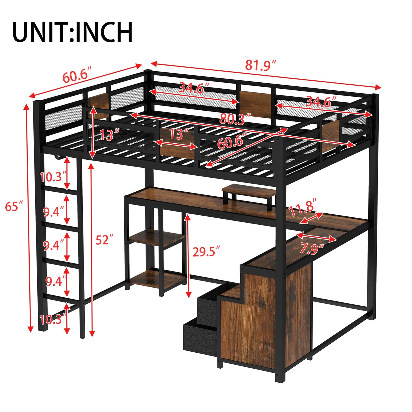 Bellemave Queen Size Loft Bed with Desk and Storage Drawers, Queen Loft Bed Frame with Computer Monitor Stand, Corner Shelf and Hanger Rod, Adults Loft Beds Frame, Black