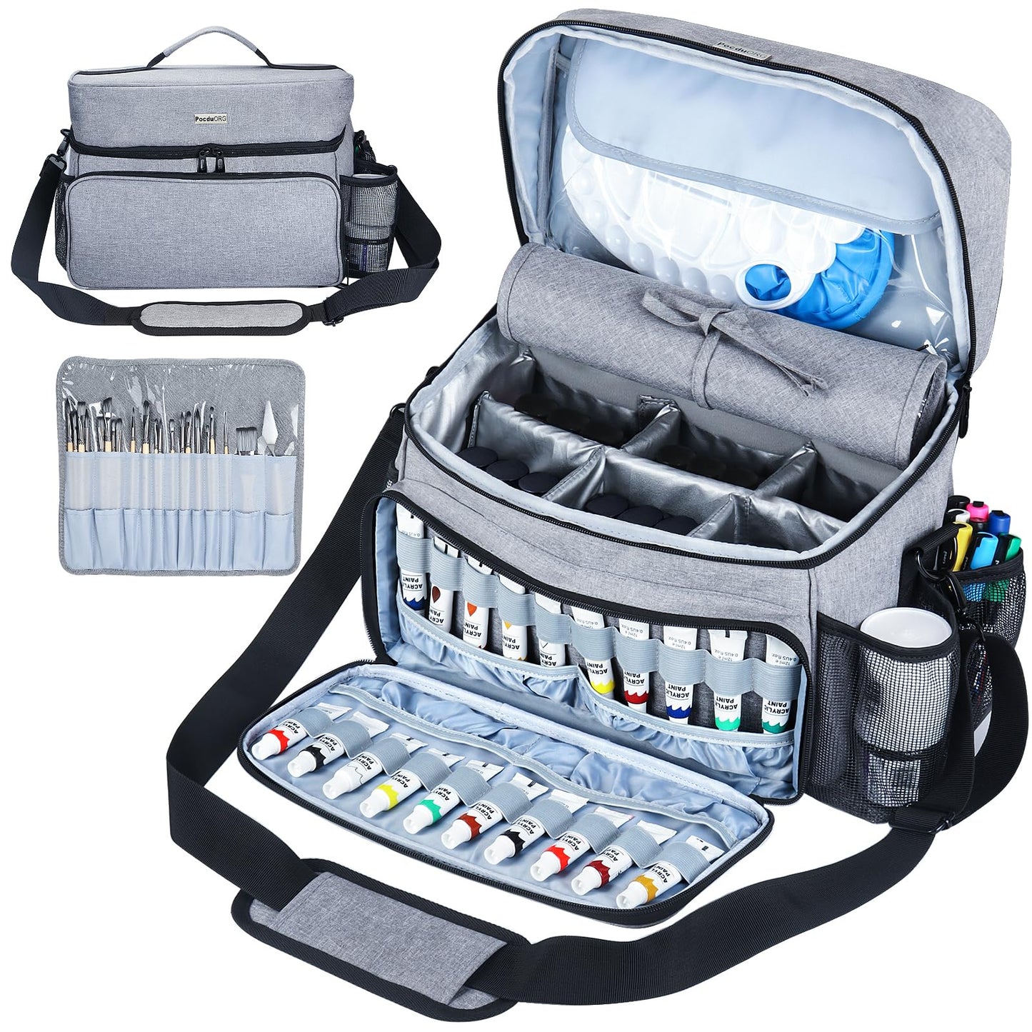 Acrylic Paint and Brush Set Organizer Bag - Carrying Case Compatible with Apple Barrel, Shuttle Art, Caliart Art Supplies - Includes Detachable Paint Brush Holder - for Travel/Outdoor Sketching (Gray)