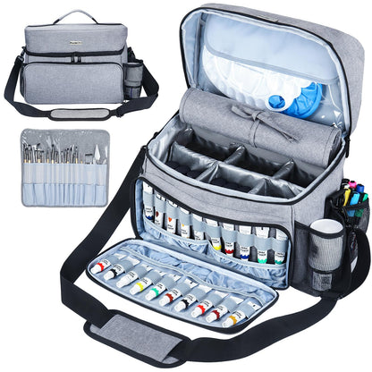 Acrylic Paint and Brush Set Organizer Bag - Carrying Case Compatible with Apple Barrel, Shuttle Art, Caliart Art Supplies - Includes Detachable Paint Brush Holder - for Travel/Outdoor Sketching (Gray)