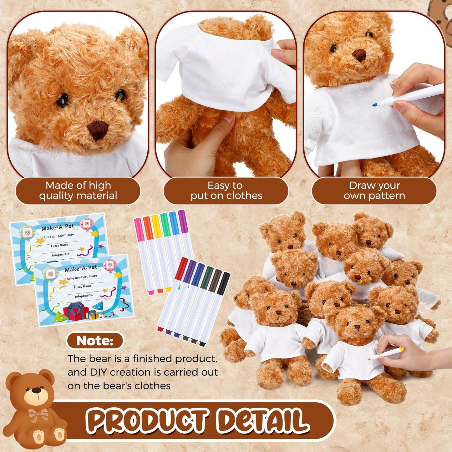 Blueweenly 60pcs 15 Set Make Your Own Stuffed Animal Kit Including 9.84 Inches Velvet Animal T Shirt 12 Colors Pens and Thank You Card DIY Stuffed Plush Gift for Arts Crafts(White)
