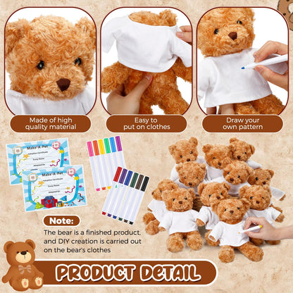 Blueweenly 60pcs 15 Set Make Your Own Stuffed Animal Kit Including 9.84 Inches Velvet Animal T Shirt 12 Colors Pens and Thank You Card DIY Stuffed Plush Gift for Arts Crafts(White)