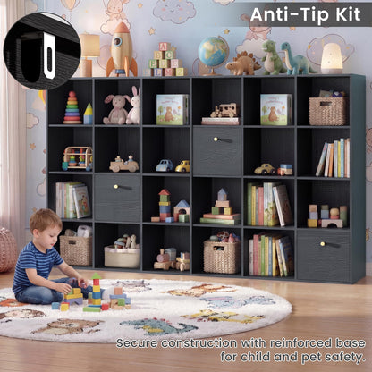 Modern Cube Storage Organizer, 24 Open Shelves Bookcase with 3 Storage Bins, Black Book Case with Wood Grain, Freestanding Shelf for Bedroom, Living Room, Home Office, Library, Wooden Large Book Shelf
