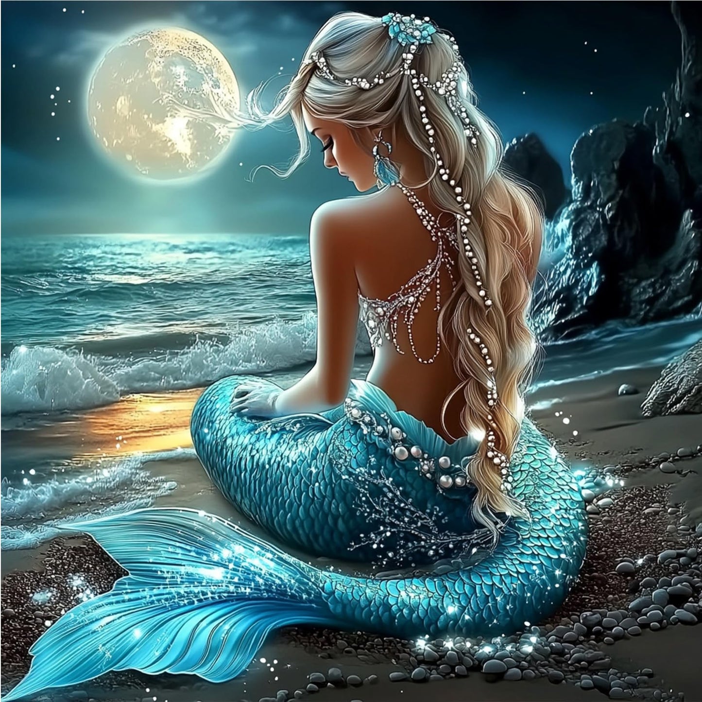 NEWENMO Mermaid Diamonds Painting Kits for Adults Beginner, DIY 5D Moon Diamond Art Paint with Round Diamonds, Full Drill Gem Art Diamonds Art Painting for Home Wall Decor 12x12 Inch