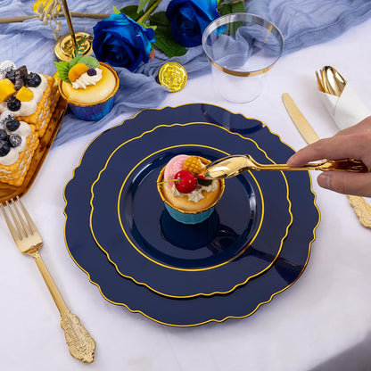 Liacere 350PCS Navy Blue Plastic Plates-Disposable Blue Gold Plates 50guest Plastic Dinnerware include 100Plates,50Pack Pre Rolled Napkins with Silverware 50Cups for Wedding＆Back to School&Labor Day