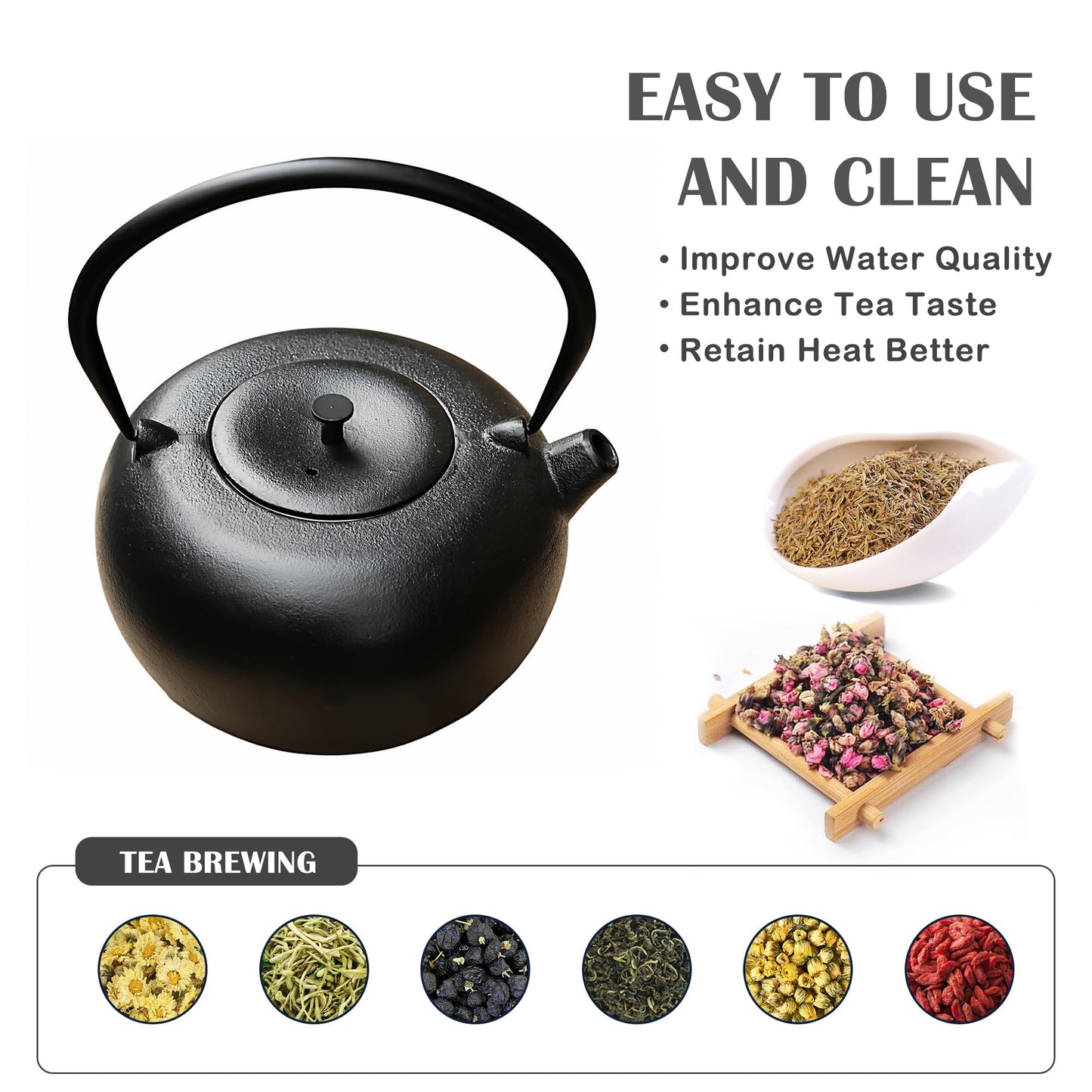 SECHUDO 67.6oz Cast Iron Teapot for Stovetop Safe, Black Chinese Tea Kettle with Stainless Steel Infuser for Loose Leaf, Heavy and Large Tea Pot for Induction Cooker, Teapot Enameled Interior