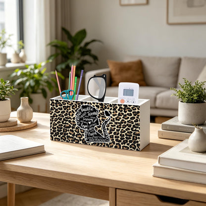 NHGMHBD Inspirational Black Girl Woman Leopard Print Makeup Brush Toothbrush Holder for African American Women, Black Girl Magic Cheetah Print Wood Signs Pen Pencil Holder Organizer Desk Accessories