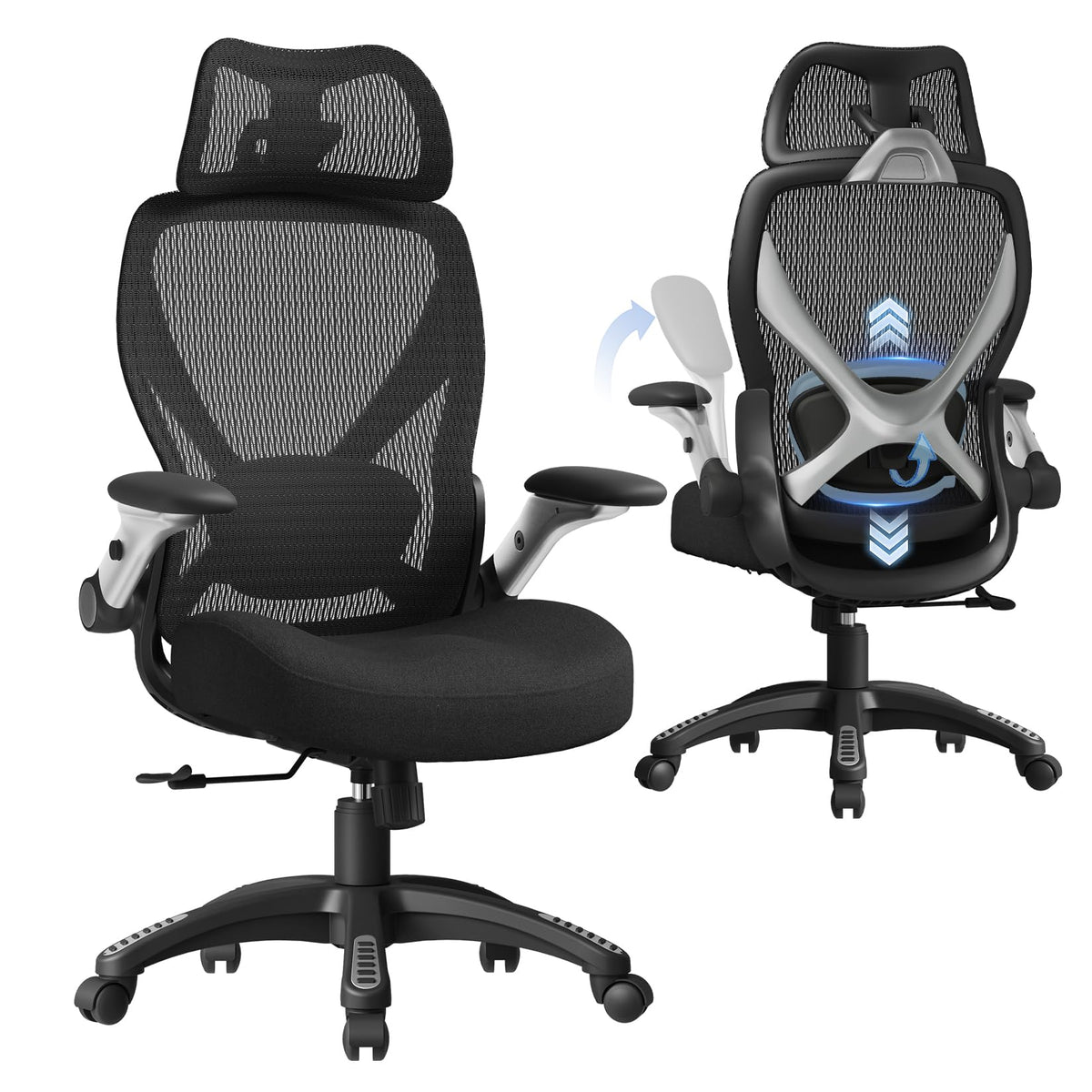 ELABEST X100 Ergonomic Mesh Office Chair, Big and Tall Hone Desk Chair with 5D Flip-Up Arms, Adjustable 3D Lumbar Support,Gaming & Executive Computer Chairs for Long Hours, Padded Seat
