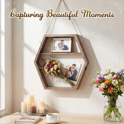 Bucherry 16 Inch Huge Wooden Shadow Box Frame with Acrylic Panel, Shelves, Hangable Brown Deep Shadow Boxes Memory Display Cases with Lanyard and Metal Hook for Wedding Keepsakes, Photos (Hexagonal)