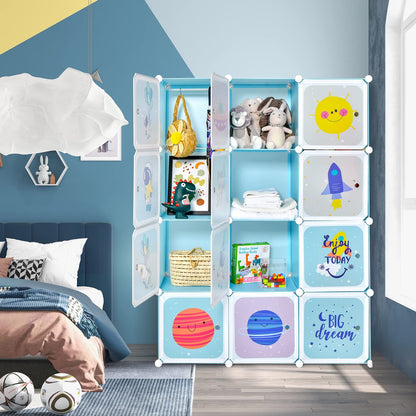 INFANS Children Wardrobe, Kid Closet Portable Baby Dresser Cute for Kids Bedroom Nursery Armoire with Doors 12 Cube 2 Hanging Sections, Kid Clothes Storage Organizer (Blue, 12 Cubes)