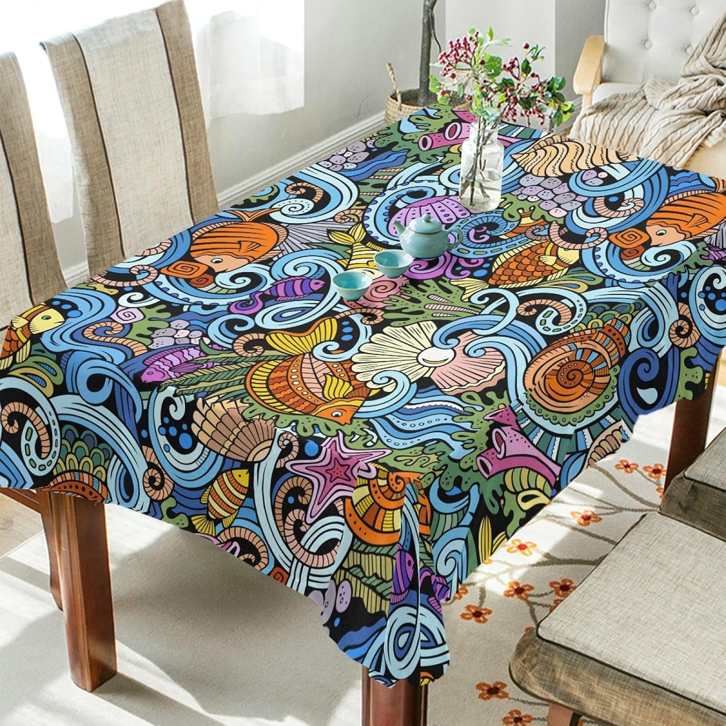 Starfish Shell Tablecloth, 54x54 Square Polyester Washable Wrinkle Free Dinner Tablecloth for Kitchen Dining Room