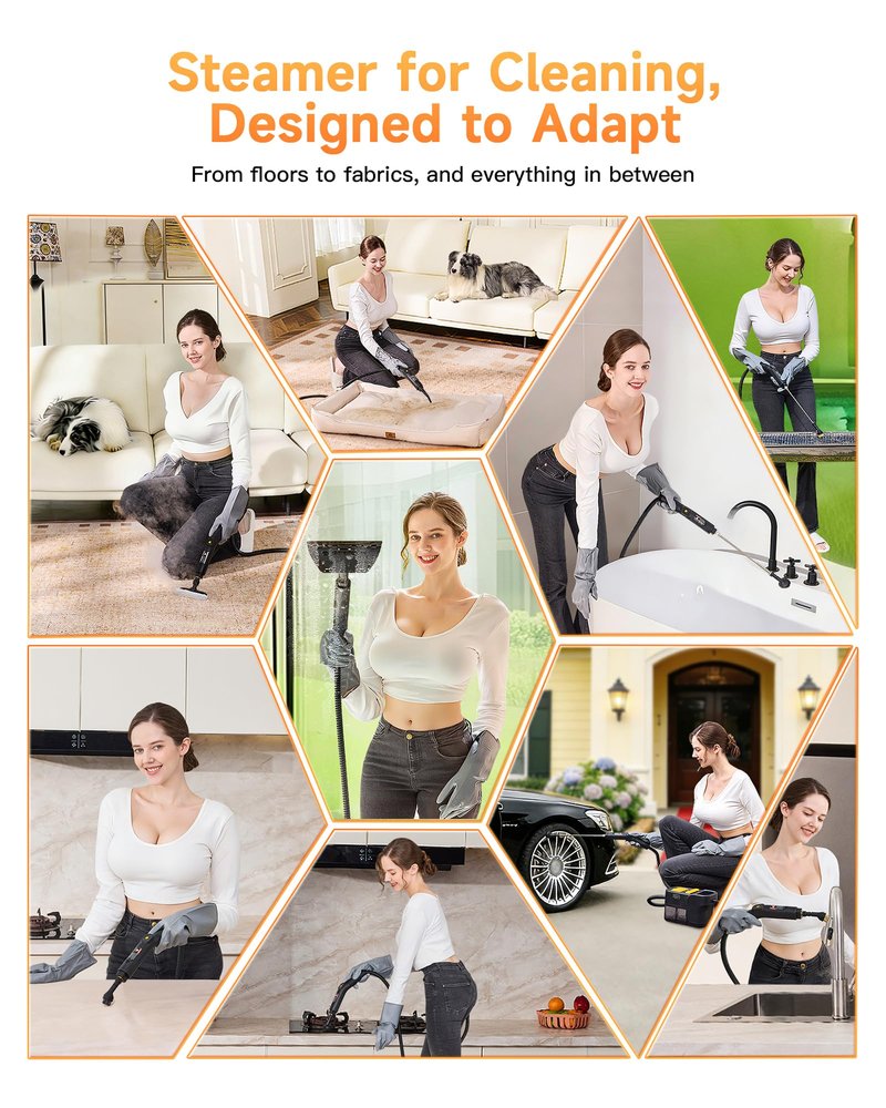 Gautye Steam Cleaner, 3 Level Adjustable Handle, 10s Heat Up, 2.11 Quarts Tank, Handheld Steam Cleaner with 18 pcs Accessories, Steam Cleaner for Home for Floor, Dirt, Grease, Grout, Tile, Car