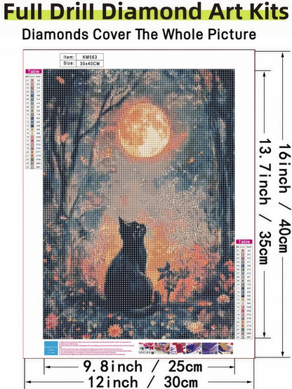 Black Cat Moon 5D DIY Diamond Painting Kits for Adults, Diamond Art Kits for Beginners, Full Drill Dot Painting Gem Art Kits for Home Wall Decor11.8 x15.7 Inch