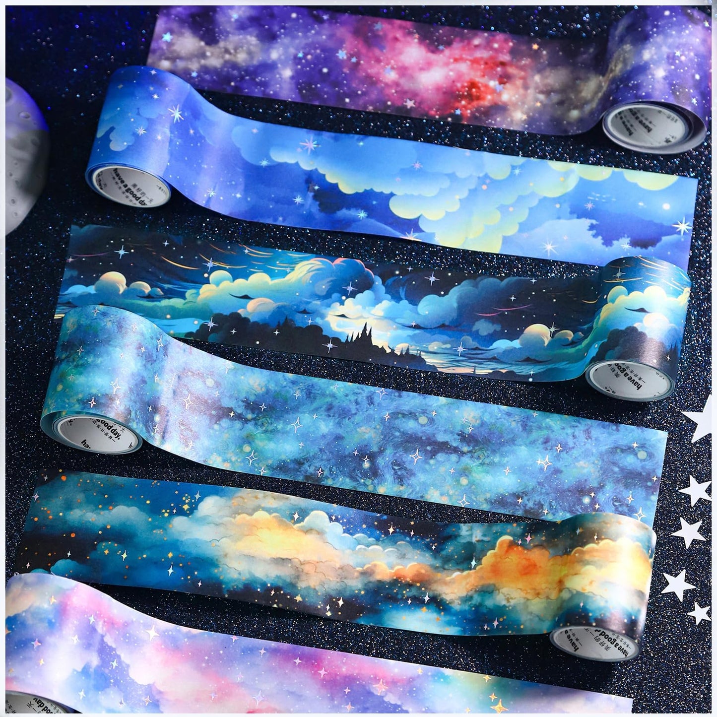 Frekyar 6 Rolls of Cloud Washi Tape Stickers Sets for Junk Journal Supplies, Star Themed Journal Stickers for Scrapbooking, Journaling,Planer (Rainbow)