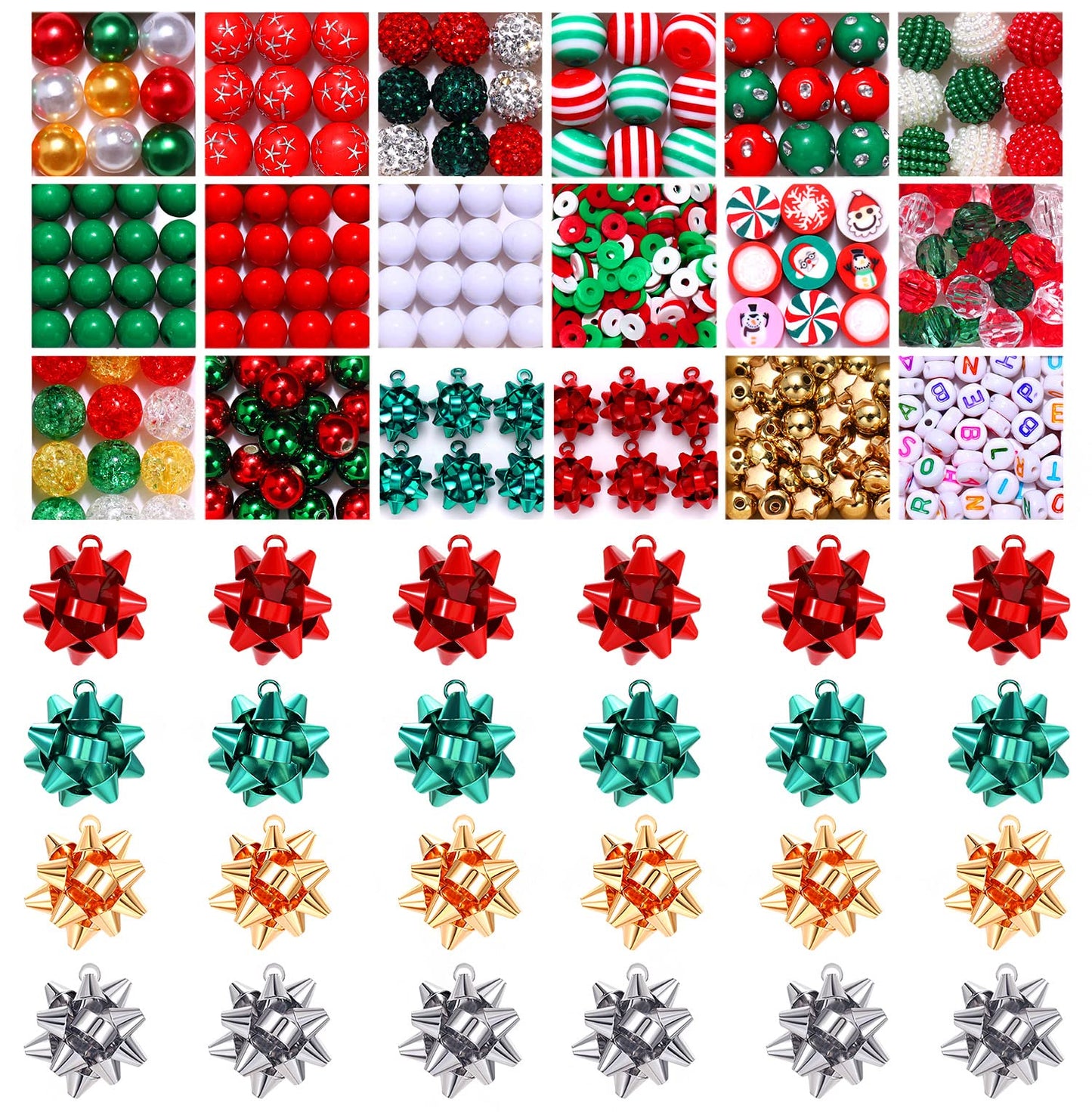 NVENF 600PCS+ Christmas Beads Charms for Jewelry Making, Metallic Christmas Bow Charms, Red Green Clay Beads, Assorted Rhinestone CCB Beads Gold Spacer Beads for DIY Bracelet Necklace Crafts
