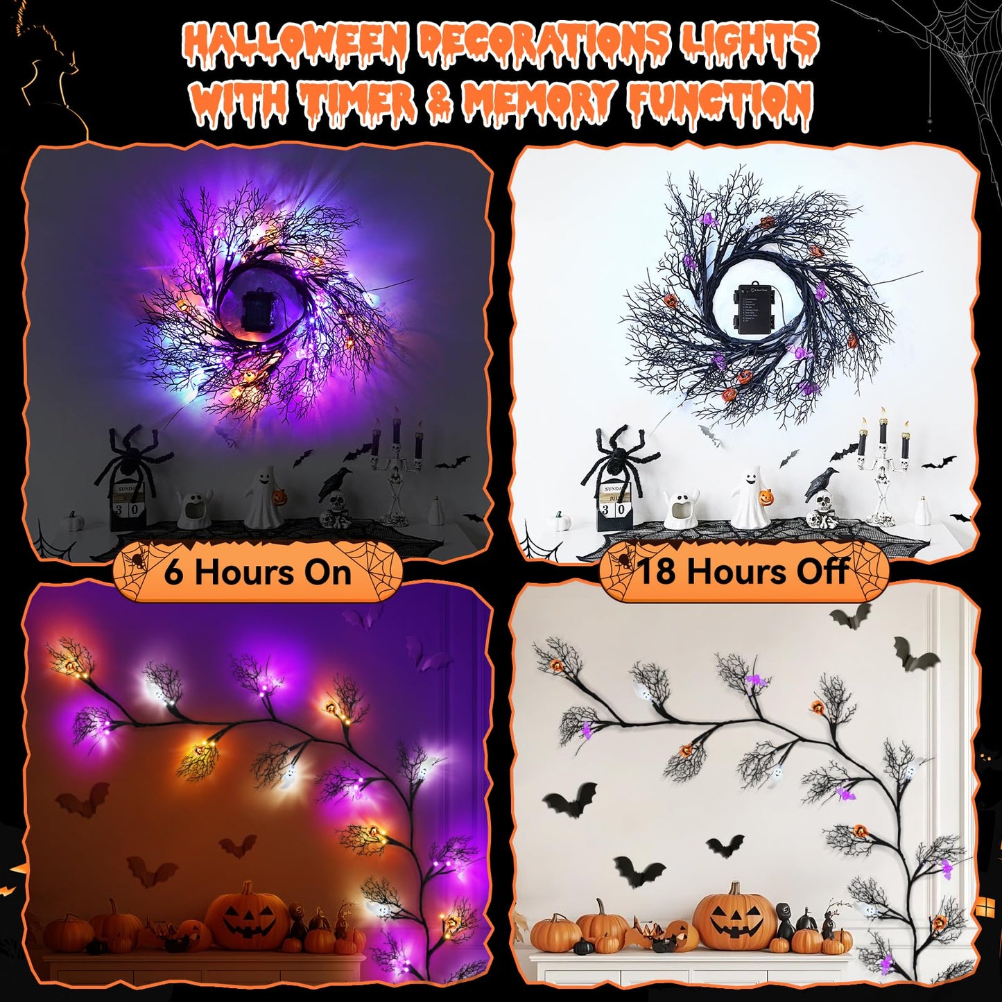 6 FT 54 LED Halloween Lights, 8 Modes & Timer Battery Operated Halloween Pumpkins Bats Ghosts Lights with Willow Vine Twig, 3D Waterproof Decorations Lights for Indoor Wall Party Fireplace Mantle