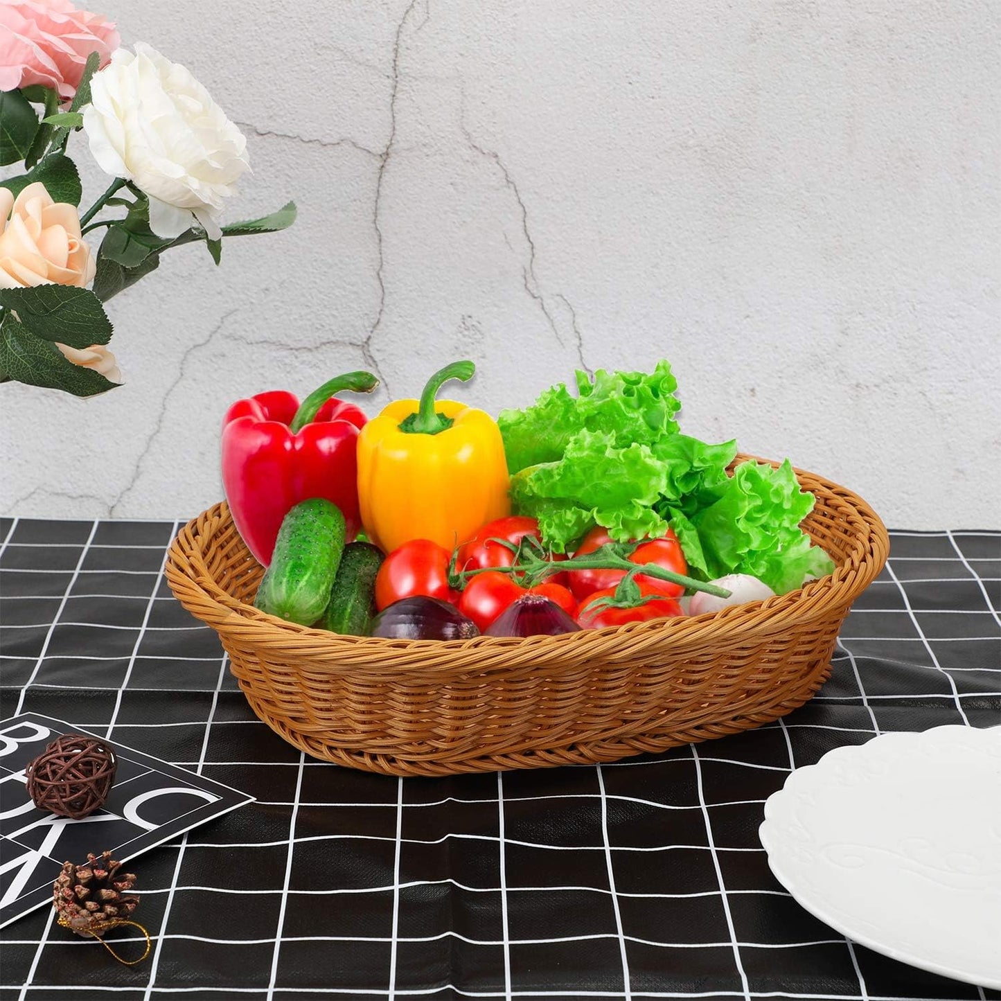 EUSOAR Wicker Basket, 12.2"x 7.9"x 2.8", 3pcs Tabletop Food Serving Baskets for Restaurant Bakery Family