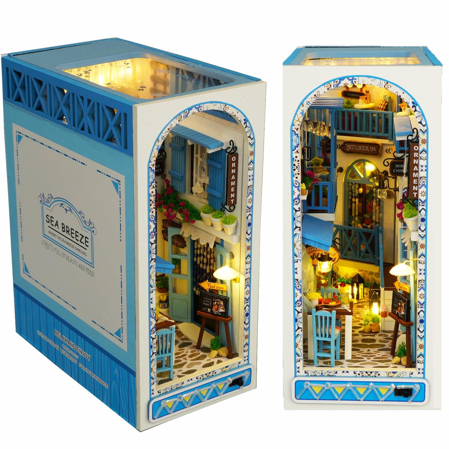Roroom DIY Book Nook Kit, DIY Dollhouse Booknook Bookshelf Insert Decor Alley,3D Wooden Puzzle with Book Nook Bookshelf Insert Wood Bookend Model Building (Sea Breeze-TC18)