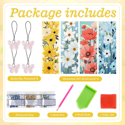 4pcs Flower Diamond Art Bookmarks Kit Floral Diamond Bookmarks for Adults 5D DIY Diamond Art Kit for Spring Reading Lover Book Lover Students DIY Gem Crafts Gift