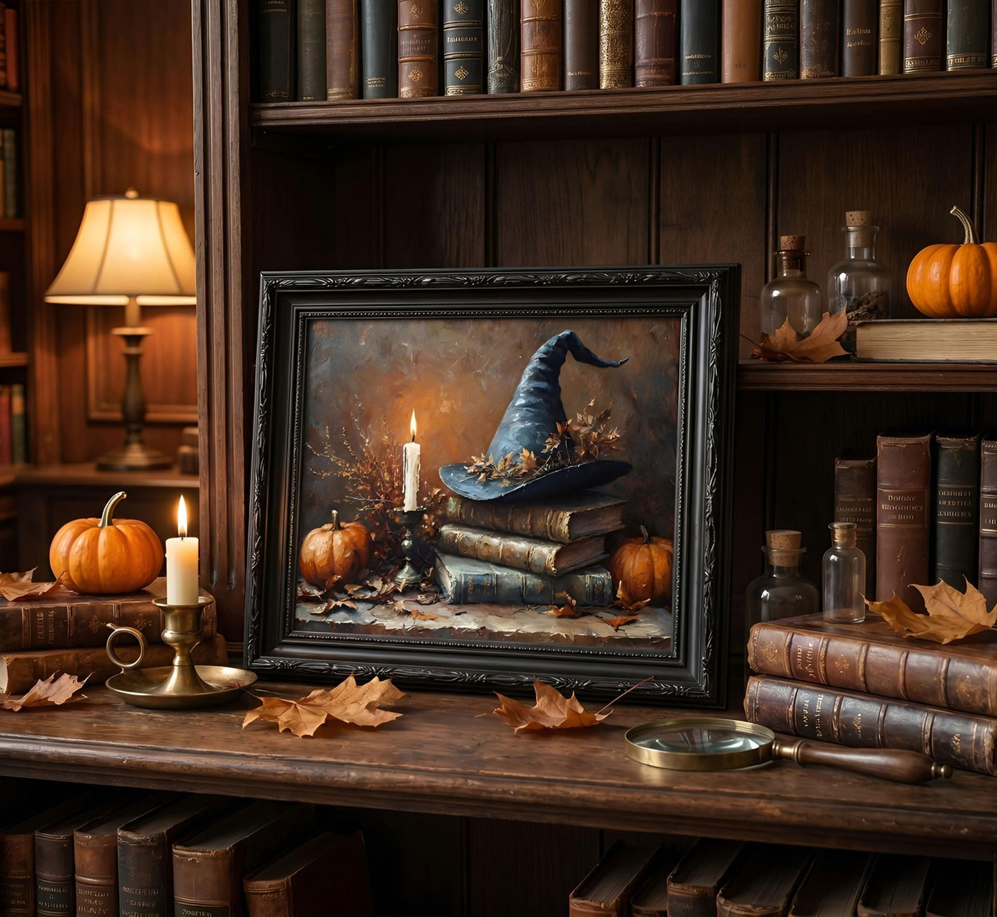 Black Framed Halloween Witch Hat With Book Canvas Wall Art 9X11in