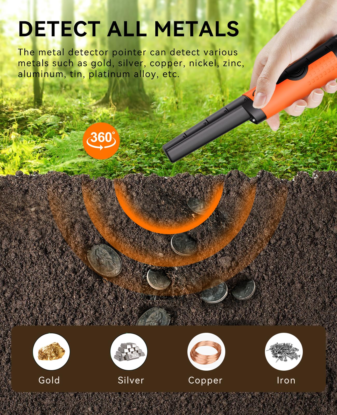 SUNPOW Metal Detector Pinpointer for Adults & Kids - Waterproof Handheld Pin Pointer Wand - High Sensitivity 360° Detection - Easy to Use 2 Alert Modes - Treasure Pinpointing Finder Probe - OTMD12