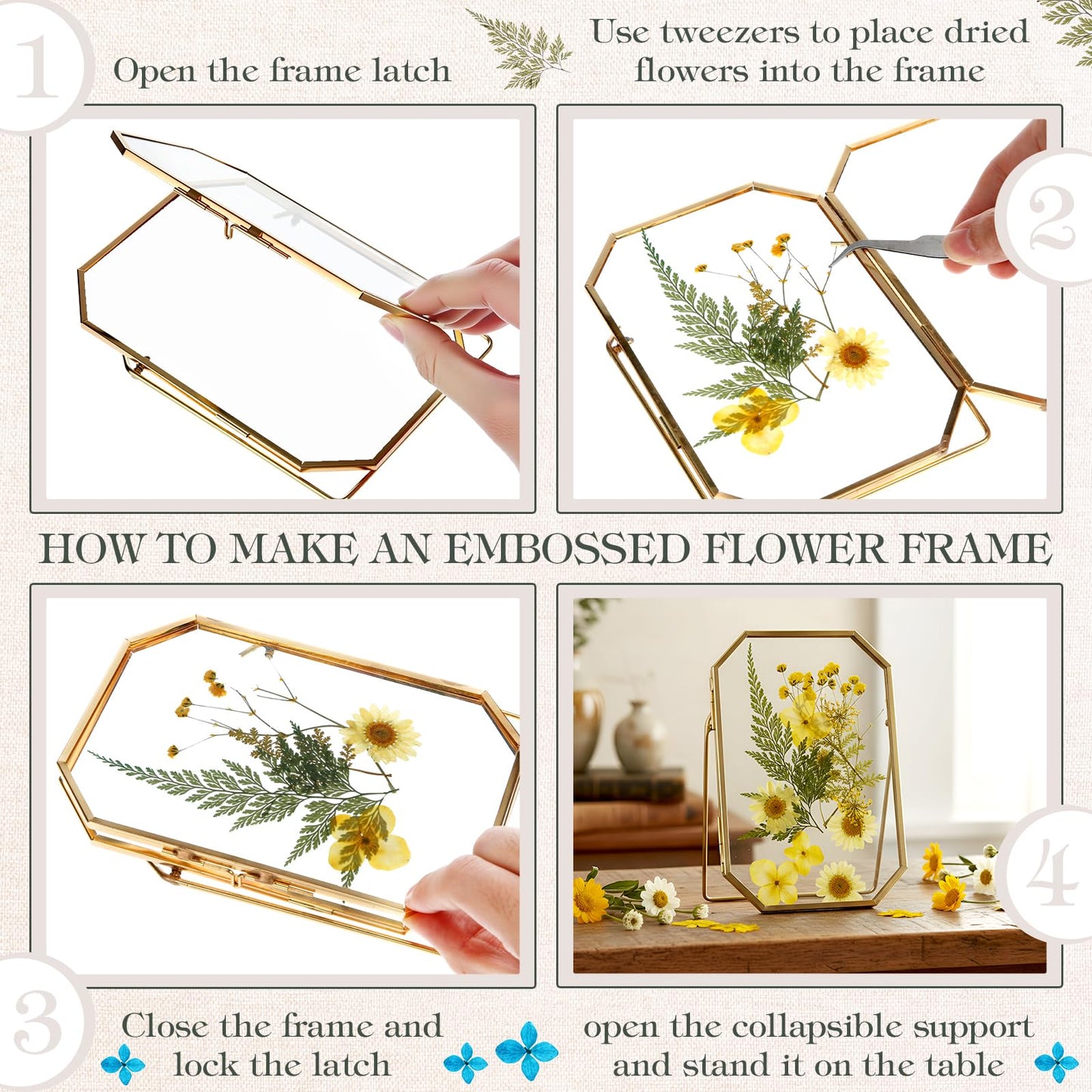 Amyhill 2 Pcs Glass Pressed Flower Frame with Dried Pressed Flowers, Brass Double Glass Photo Frame Includes 72 Pcs Real Dried Flowers, 65 Piece Butterfly Stickers and Tweezer for Handicrafts