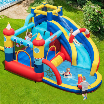 OLAKIDS Inflatable Water Slides, Nautical Themed Bouncy House with Slide, Splash Pool, Climbing Wall, Water Gun, Outdoor Jumping Castle with Hose, Carry Bag, Repairing Kit, Stakes