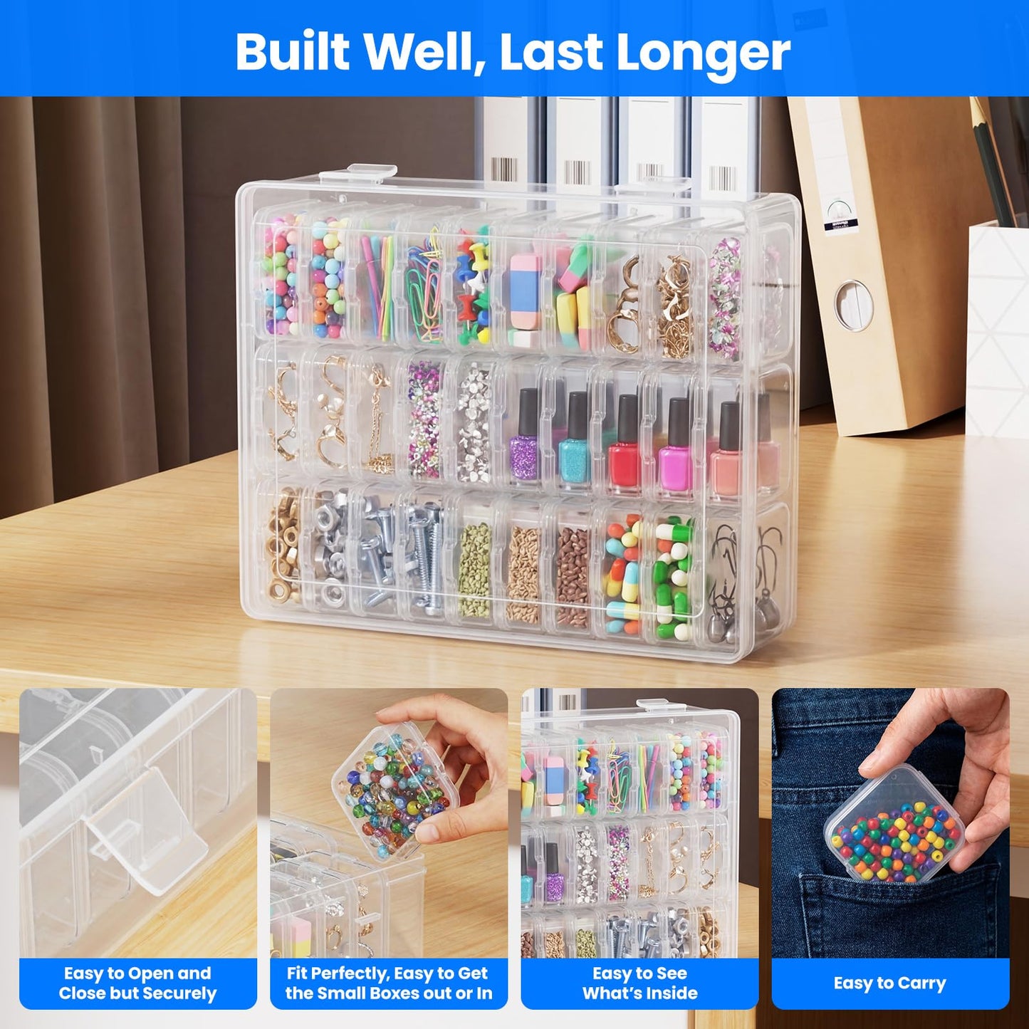 62PCS Small Bead Organizer, Bead Storage Containers, Transparent Box for Bead Organizers and Storage, Ideal for Jewelry, Beads, Screws, Seeds and Small Parts, Easy to Use and Quick to Find