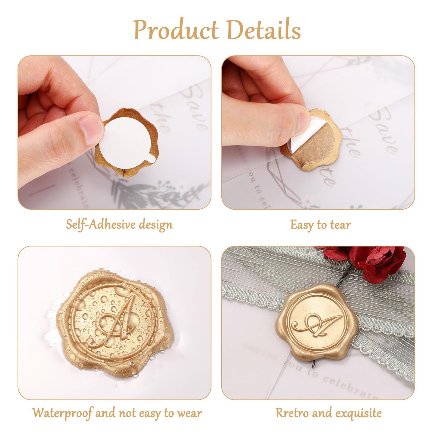 Yoption Wax Seal Stickers, 50 Pcs Initial Alphabet A Invitation Envelope Seal Stickers, Metallic Light Gold Self- Adhesive Wax Stickers, Perfect for Wedding Christmas Birthday Party Gift Wrapping