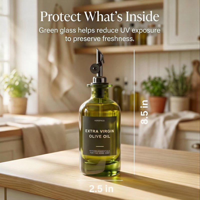 Verspace UV-Protected Green Glass Olive Oil Dispenser Bottles For Kitchen - 2 Pack - 12oz Includes 40 Kitchen Essential Labels, Avocado Oil Dispenser Set, Modern Decor for Home, Airbnb, Cafe