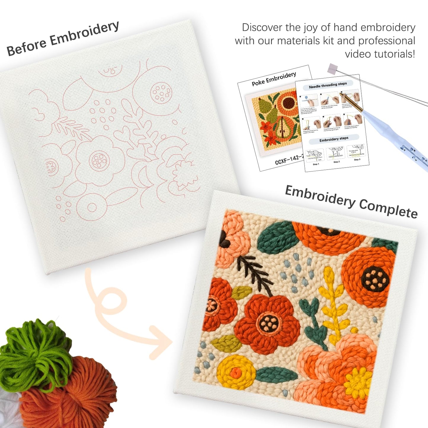 SDOYUNO Punch Needle Kit with Frame for Adults Beginners Kits 9.84 x 9.84 Inch Embroidery Starter Kits Punch Needle Kit with Flowers Pattern, Threader, Yarns, Rug Punch, DIY Craft Kits (Orange)