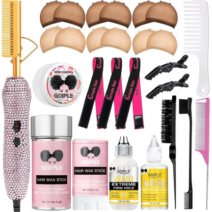 Electric Hot Comb Hair Straightener, Deluxe Electrical Straightening Comb Curling Iron for Natural Black Wigs, Hot Comb Electric for Wigs Pressing Combs with Wig Glue Melting Spray Hair Wax Stick