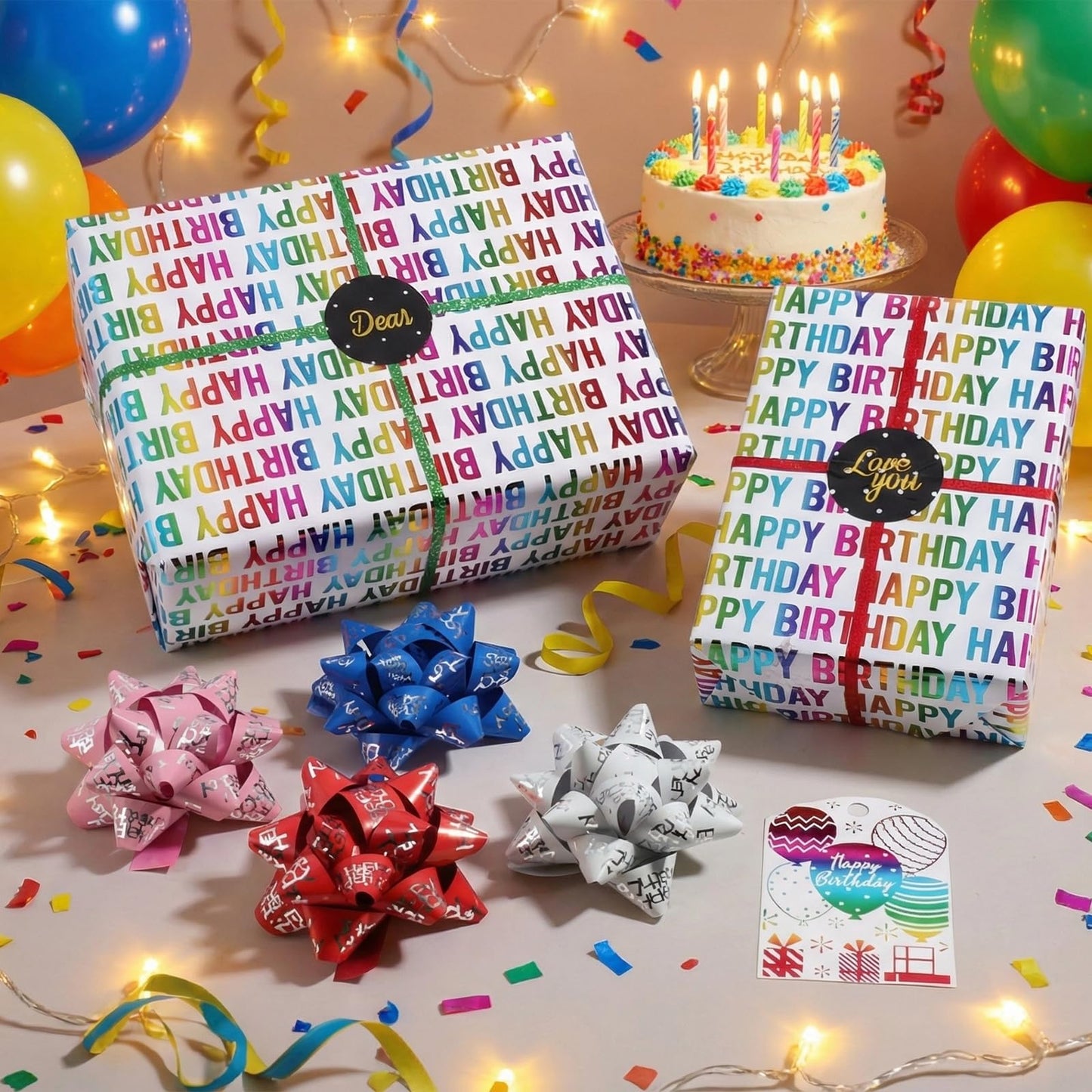 TIADYBOW Birthday Wrapping Paper Set 17" With Curling Ribbon,Gift Bows,Gift Tags Recyclable Gift Wrapping Birthday Baby Shower Handmade(16.5feet)
