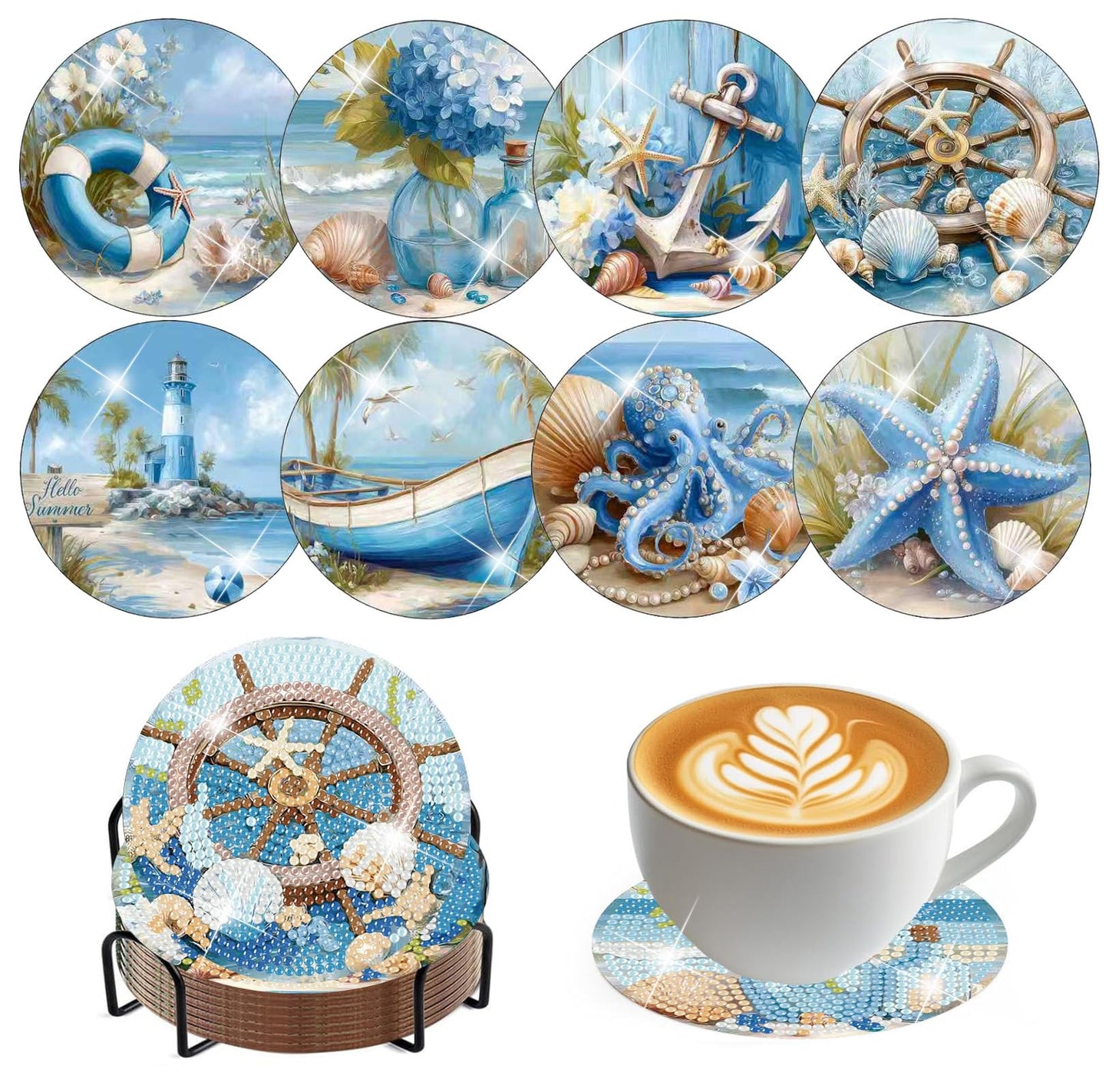 croshom Ocean Diamond Art Coasters Kits, 8 Pieces Ocean Diamond Painting Coasters with Holder, Diamonds Art Painting Kits for Adults, 5D DIY Wooden Coaster for Gift