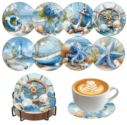 croshom Ocean Diamond Art Coasters Kits, 8 Pieces Ocean Diamond Painting Coasters with Holder, Diamonds Art Painting Kits for Adults, 5D DIY Wooden Coaster for Gift