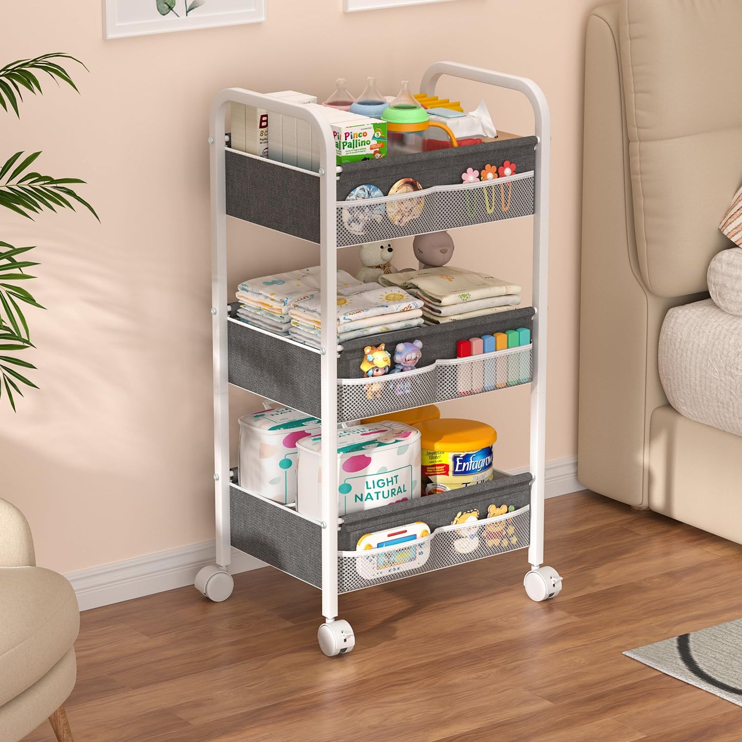 Baby Diaper Caddy Rolling Utility Cart, 3 Tier Baby Essentials Nursery Organizer and Storage with Dividers and Drawers for Crib, Bedroom, Art & Craft Organizer (White)