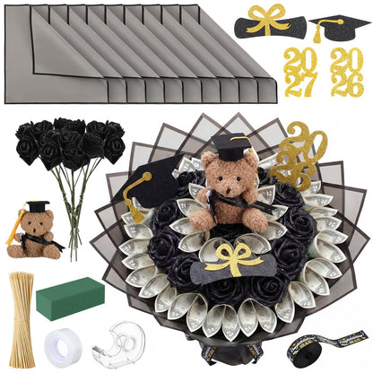 Chunful 143 Pcs Graduation Money Bouquet Kit DIY Flower Bouquet Gifts with Cute Bear Wrapping Paper Graduation Cap Class of 2026 Grad DIY Craft Set for College Middle High School Graduate Party Gift