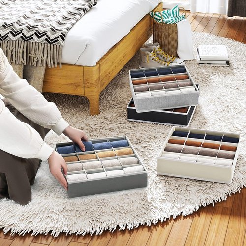 Homsorout Sock Organizers - 64-Cell Fabric Drawer Dividers for Socks & Ties | 4 Pack in Black