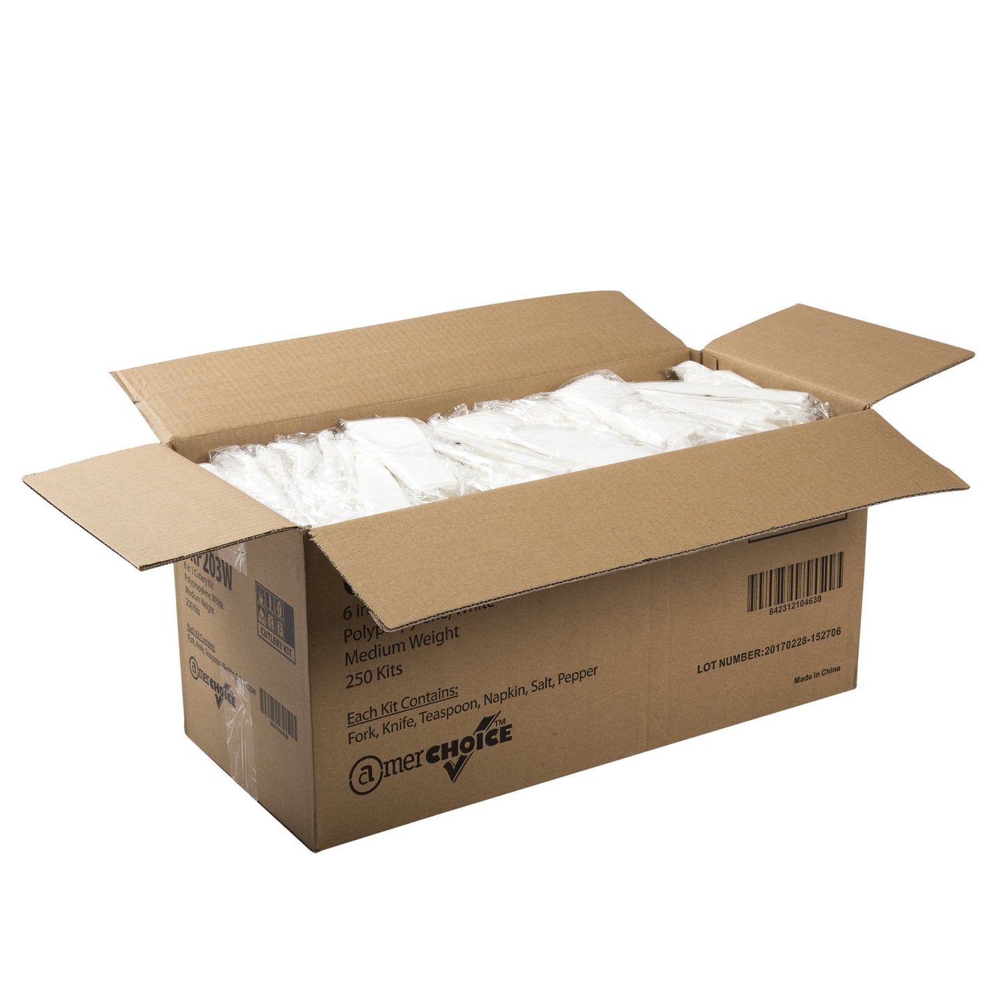 AmerCareRoyal 6-in-1 Disposable Silverware Medium Weight Plastic Utensil Set with Teaspoon, Fork, Knife, Salt & Pepper Packets, 12x13 Napkin - Individually Wrapped Cutlery Meal Kit, White, Case of 250