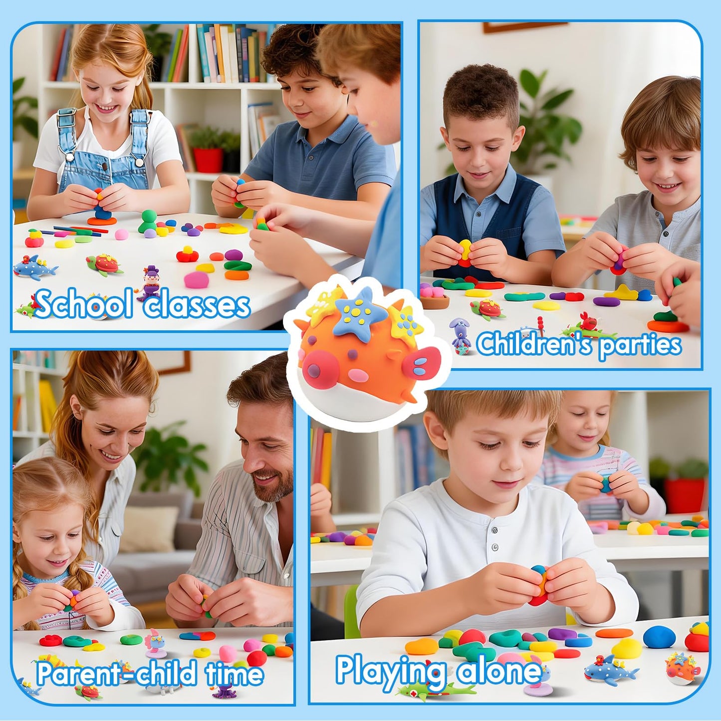 Ocean Buddies Air Dry Clay Kit for Kids - 12 Marine Animal Models with 4 Colors & Sculpting Tools, Ultra Light & Soft Modeling Clay Set, Non-Toxic DIY Arts and Crafts Gift for Boys & Girls Ages 3+