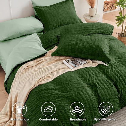 HYMOKEGE King Size Comforter Set - Dark Green & Sage Green Seersucker | 7-Piece All-Season Luxury Bedding Set